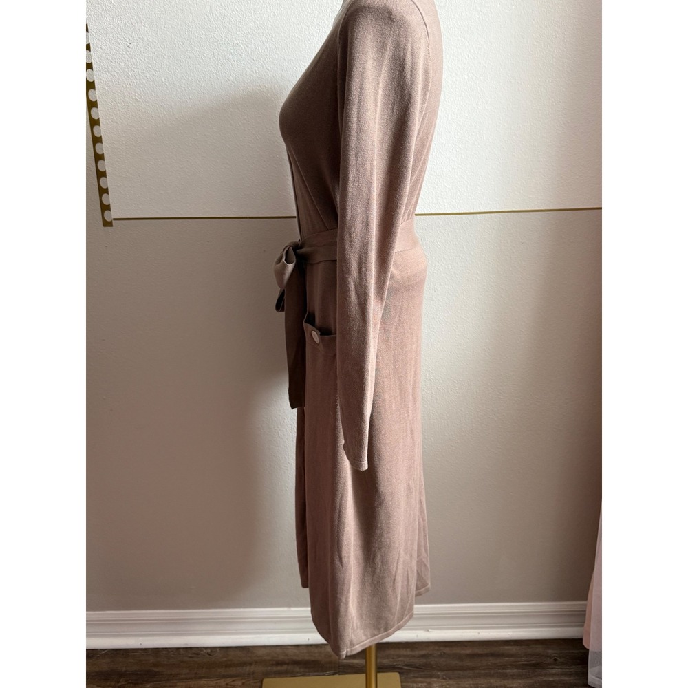 Cabi Mocha Brown Cream Genteel Trim Belted Longline Cardigan Sweater Dress SZ S - Picture 5 of 7